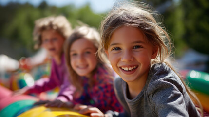 Naklejka premium Faceless children laughing and sliding down a vibrant colorful tall inflatable slide, defocused outdoor background, summer kids entertainment, inflatable slide adventure, outdoor