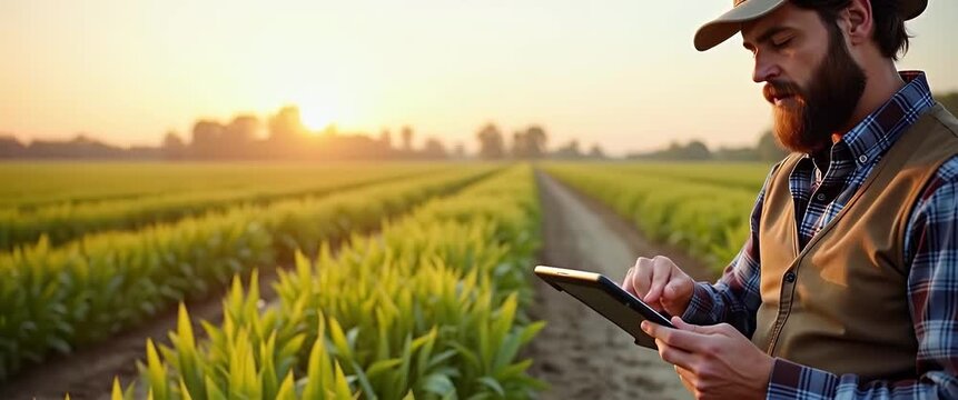 young man with laptop in field