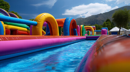 Colorful inflatable water slide structure at a summer water park, bright blue sky background, kids water play, outdoor aqua fun, summer park attraction, with copy space