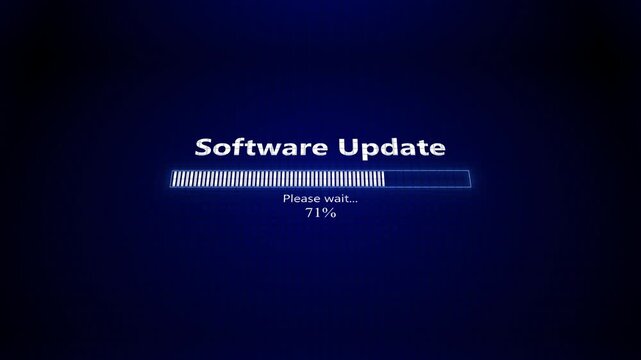 Software update on computer screen with futuristic blue progress bar. 3d loading bar animation