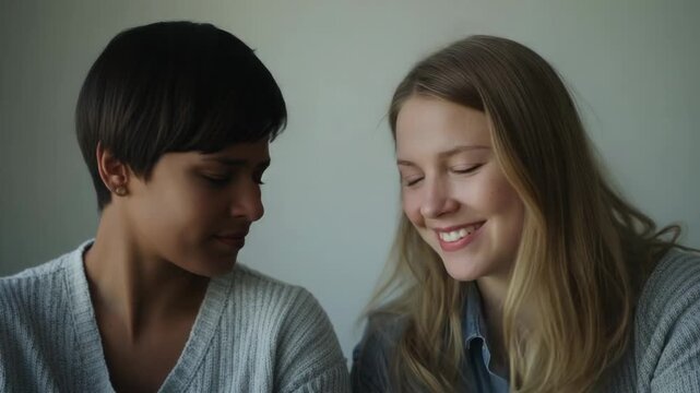 Turning, right woman meeting partner's gaze by gray wall, signaling bond in denim and knit