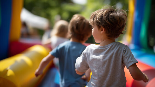 Faceless children bouncing and playing inside a colorful inflatable bounce house, defocused bright background, summer party entertainment, kids outdoor fun, inflatable castle
