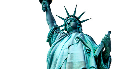 Fototapeta premium Statue of Liberty with Torch and Tablet at Night green