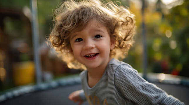 Faceless child bouncing joyfully on a trampoline with selective focus effect, defocused background, dynamic motion blur, active kids play, backyard summer fun, childhood energy,