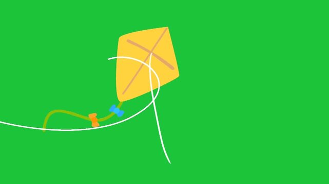 Colorful kite flying animation on green background simple flat design concept of freedom childhood fun and outdoor activity