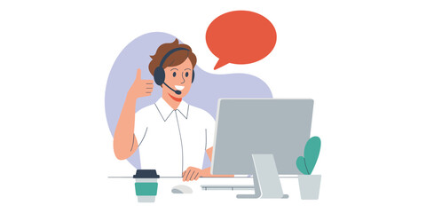 Customer service agent with headset and computer vector