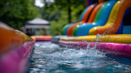 Bright colorful inflatable water slide at a summer water park, defocused splashing water background, outdoor aqua play, kids water fun, summer park attraction, with copy space
