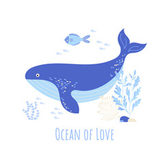 Hand drawn cute cartoon blue whale with small fish and sea plants. Soft pastel tones and friendly expression create calm ocean mood. Vector nursery illustration isolated for kids decor, baby prints © Катерина Фирсова