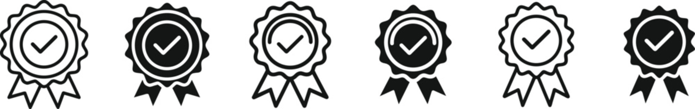 Set of six black checkmark rosette ribbons for awards and recognition