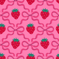 Seamless pattern with strawberries and bows on a pink background. Vector graphics.