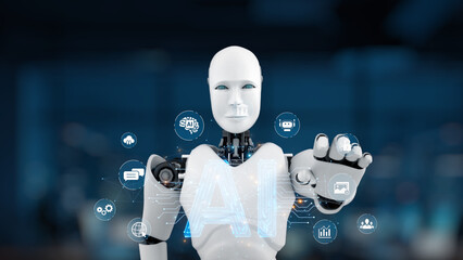 A humanoid robot stands in front of a blue background, showcasing AI technology through digital icons, representing the future of artificial intelligence and robotics. Synapse © InfiniteFlow