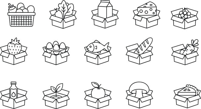 Set of line icons showing various food items delivered in cardboard boxes and baskets.