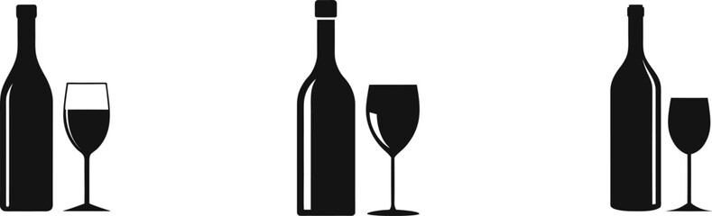 Black silhouettes of wine bottles with glasses on white background