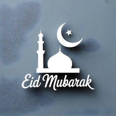White Stylized Mosque Silhouette with Crescent and Star and "Eid Mubarak" Typography on Gray Background &mdash; Minimal Islamic Celebration Icon