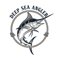 A logo of a swordfish with a rope and text fishing tshirt design © MdAnisul