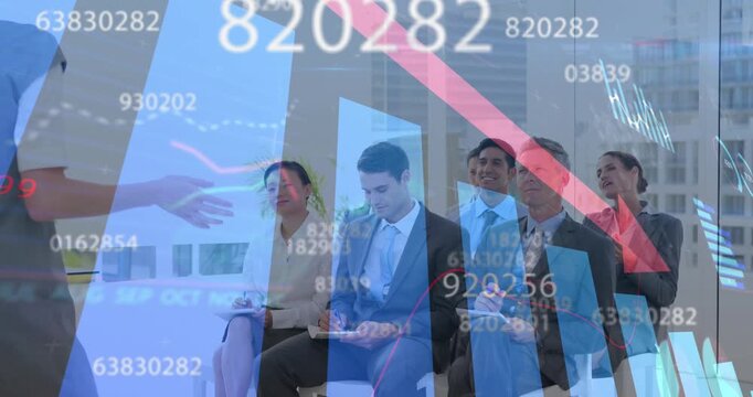 Animation of financial data processing and arrow over diverse business people in office