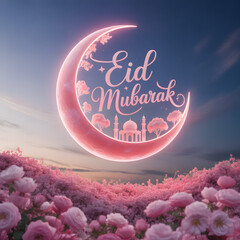 Pink Glowing Crescent Moon with Islamic City Silhouette, Cherry Blossoms and Sunrays &mdash; Eid Mubarak Spiritual Celebration Scene
