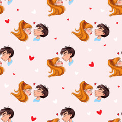 Cute character boy and girl in love with a romantic mood , Love romantic seamless pattern on pink background