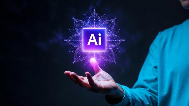 Person holding a glowing purple ai logo with sparkling particles around it on a dark background