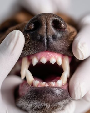 Veterinarian in Latex Gloves Examining Dog Teeth and Gums Showing Sharp Canine Fangs, Veterinarian Hands Opening Dog Mouth, Veterinary Dental Examination, Dog Dental Checkup