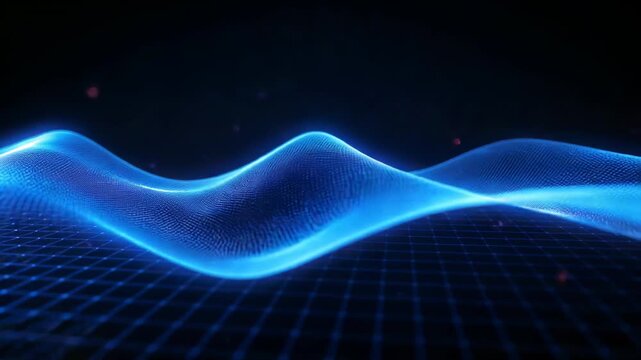 Flowing from crests, blue mesh wave shifting in void, pulsing rim, grid, sparks visualizing data