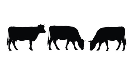 Silhouette of three cows grazing depicted in a simple black and white style