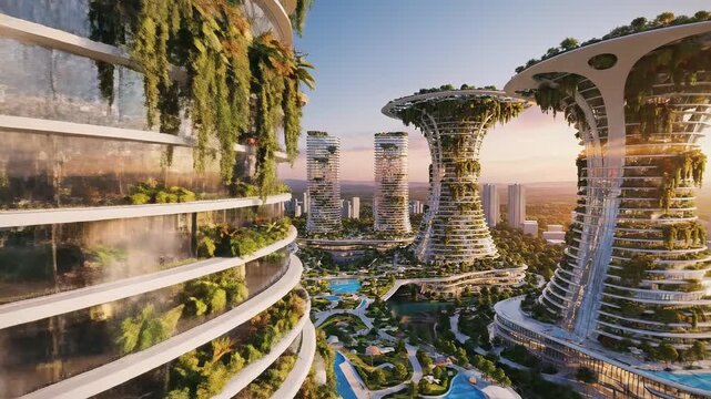 Twilight Vertical Forest Towers With Hanging Gardens And Cascading Vines Warm Dusk Glow, Dense Foliage On Curved Facades, Misted Pools, Skywalks And Biodiverse Terraces Creating Serene Urban Oasis