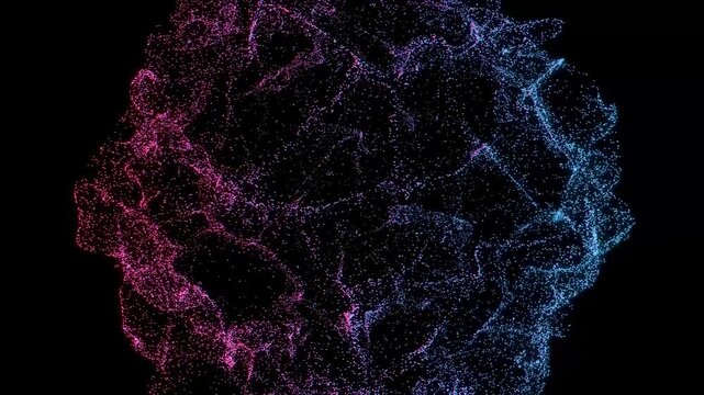 Glowing Pink and Cyan Particle Energy Sphere with Digital Network Lines on Black Background