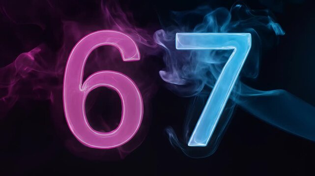 Vibrant smoke forming neon numbers 67 with glowing effect on black background, slow motion footage, symbolizing futuristic digital count