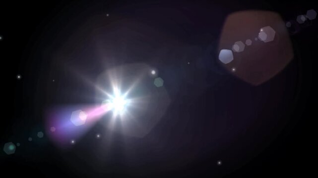 Bright white lens flare with glowing light rays and bokeh particles on dark background cinematic optical effect animation