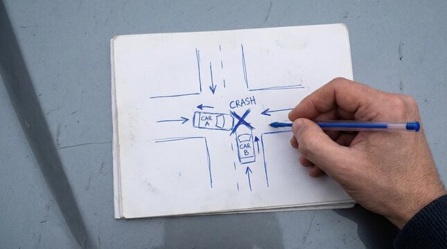 Hand drawing a sketch of a vehicle collision at an intersection. Documenting the crash for insurance or police report. Useful for legal, safety, and insurance claim concepts.