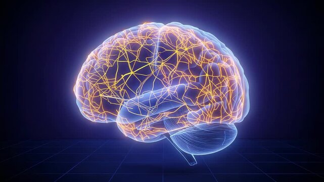 Animating 3D brain hologram on start, pulsing neural lines and nodes, visualizing flow in VR lab