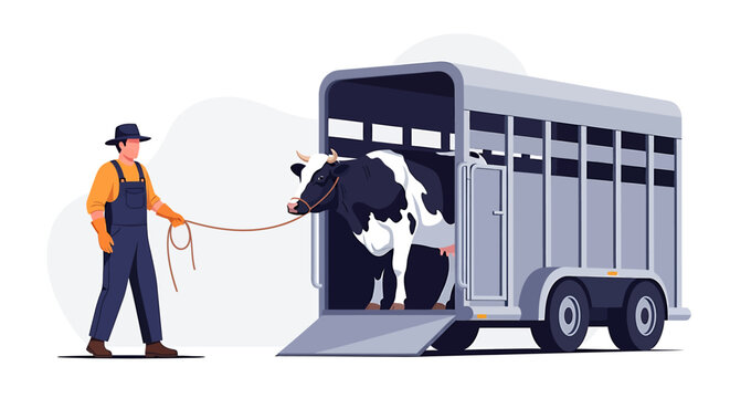 Farmer guiding cow into livestock trailer for transport.