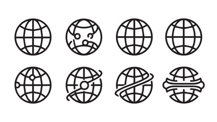 Set of Globe Icons with Network and Orbiting Elements Vector Graphics