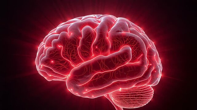 Pulsing left-brain sending signals in black void, glow rising, red-halo showing brainstem and nodes