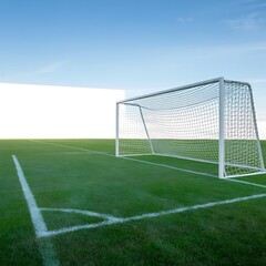 Fototapeta premium Title: A close-up view of a soccer goal with a white net and white boundary lines on a green grass field under a clear blue sky with a white wall in the background
