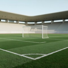 Obraz premium Title: A close-up view of a white soccer goal net with a white frame standing on a green artificial turf field with white boundary lines and a stadium in the background