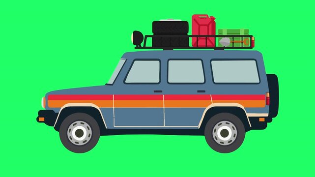 Seamless Loop blue SUV car with roof rack Animation on green screen background. Transportation vector Looping animation Classic SUV Car. easy to use