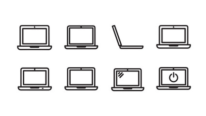 Set of Laptop Icons in Various Positions and States Simple Line Art Style