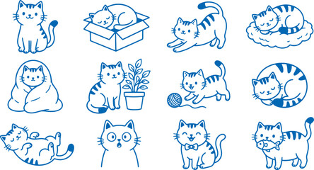 Set of cute cat illustrations in blue lines on white background various poses and emotions playful and adorable feline characters for design and decoration © Meizan 