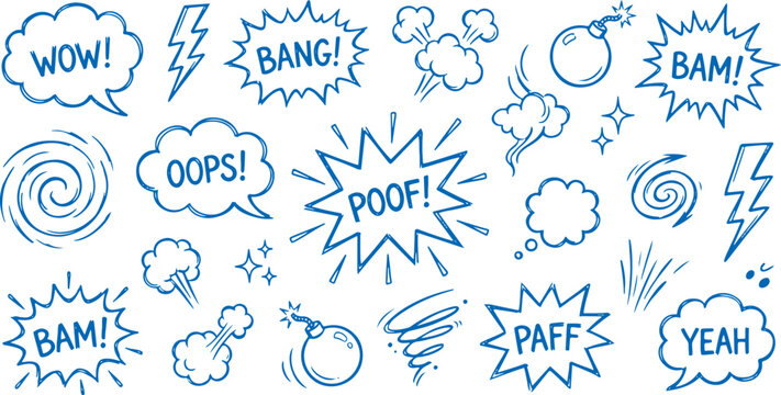 Collection of blue comic book style speech bubbles and sound effects on white background for creative projects