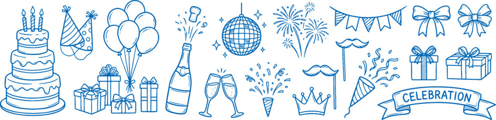 Obraz premium Blue celebration icons set including cake gifts balloons champagne fireworks and party decorations on white background for festive events