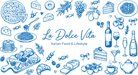La dolce vita italian food and lifestyle illustration with wine cheese and desserts