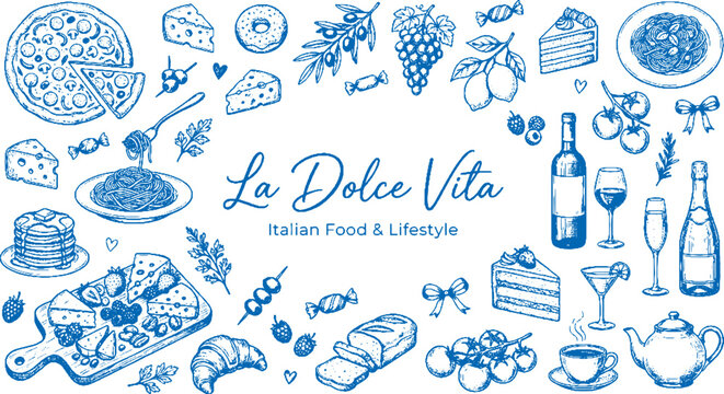 La dolce vita italian food and lifestyle illustration with wine cheese and desserts