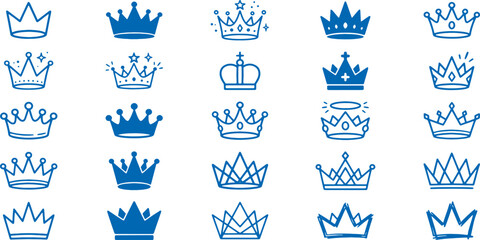 Collection of various royal crowns and tiaras in blue on white background for luxury and royalty concepts © Meizan 