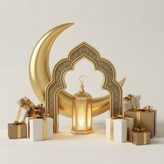 Gold Crescent Moon Behind Moroccan Arch with Lit Golden Lantern and Gift Boxes on Off-White &mdash; Elegant Eid Mubarak Celebration Scene