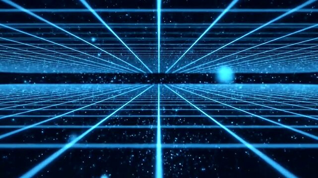 Futuristic blue grid perspective with glowing lines and particles.