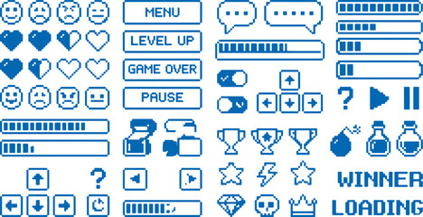 Collection of blue gaming interface icons and buttons for web and app design including menu level up game over pause winner loading and various emoticon symbols on white background © Meizan 