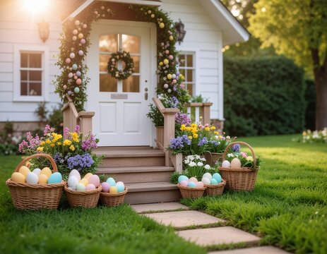 Geschm&uuml;ckter Hauseingang mit Fr&uuml;hlingsblumen, Osterkranz und K&ouml;rben voller bunter Eier im warmen Abendlicht.