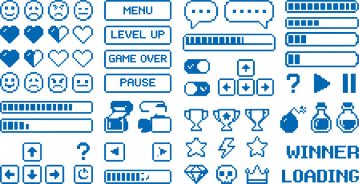 Collection of blue gaming interface icons and buttons for web and app design including menu level up game over pause winner loading and various emoticon symbols on white background
